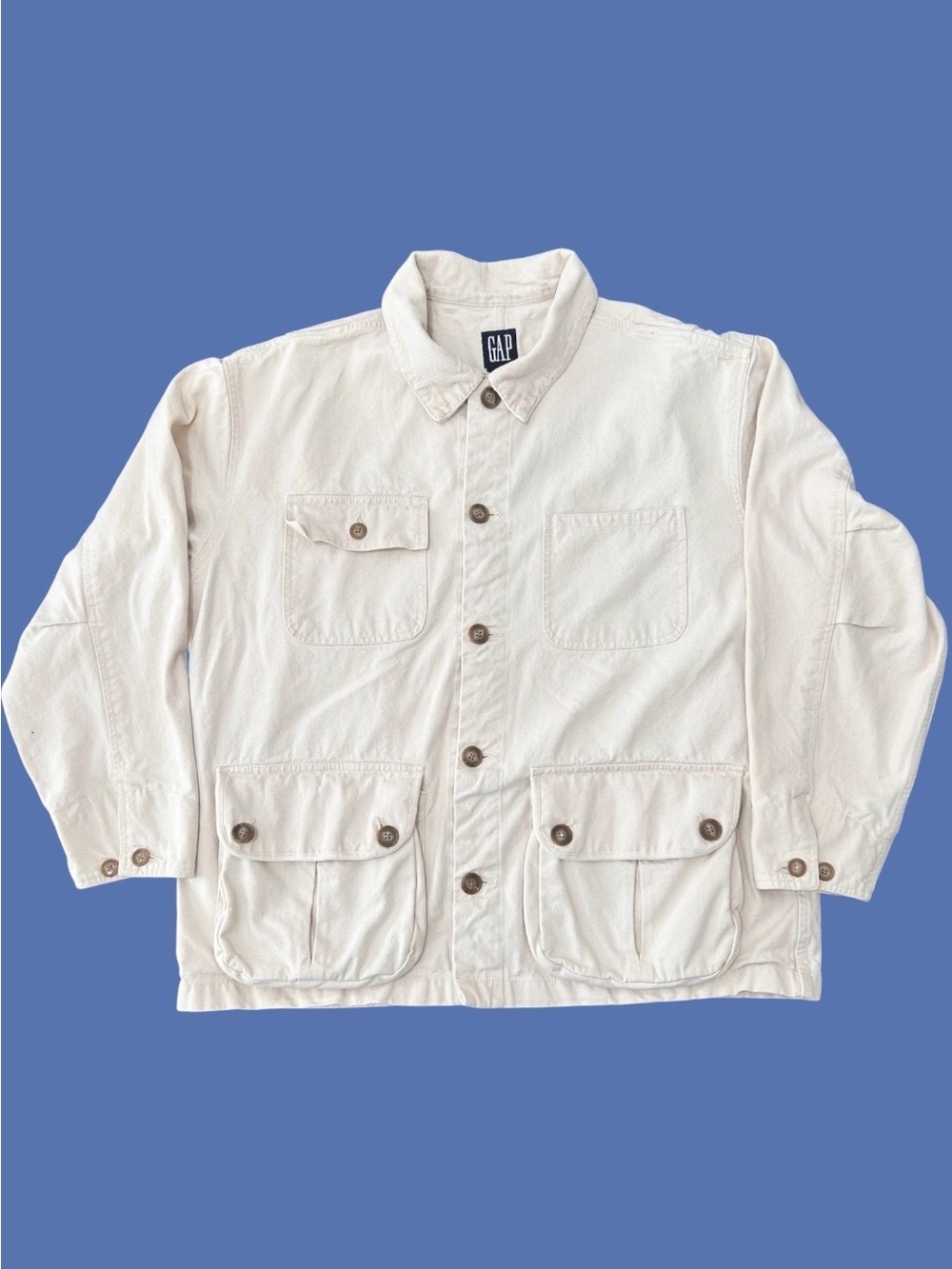 Vintage 90s Gap Utility Chore Field Jacket Heavyweight Cotton Corduroy Beige XL